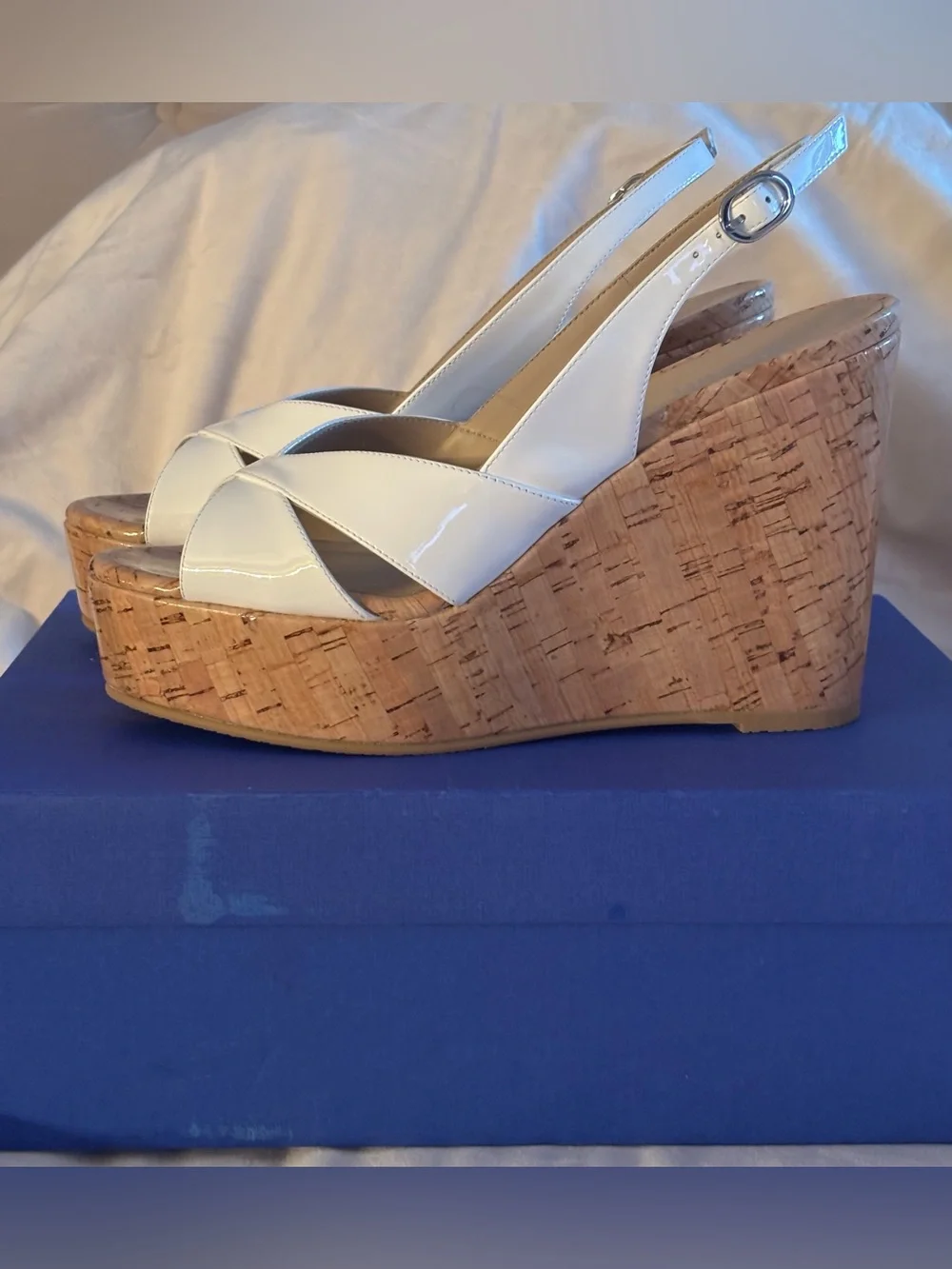 Stuart Weitzman White Patent Cork Platform Wedges - Picture 4 of 14